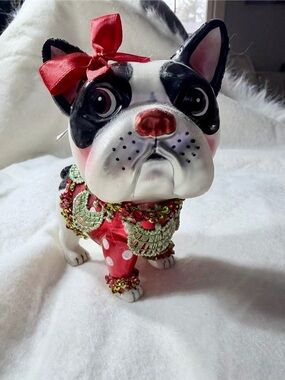Decorative Black & White French Bulldog Figurine with Red Bow